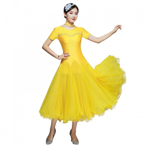 Women's girls blue yellow ballroom dancing dresses waltz tango dance dresses costumes